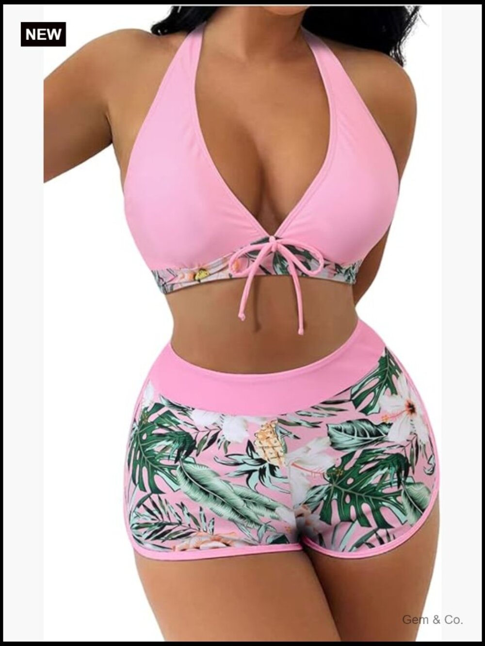 Women Two Piece Swimsuit Floral Tropical High Waisted Board Shorts Halter Top